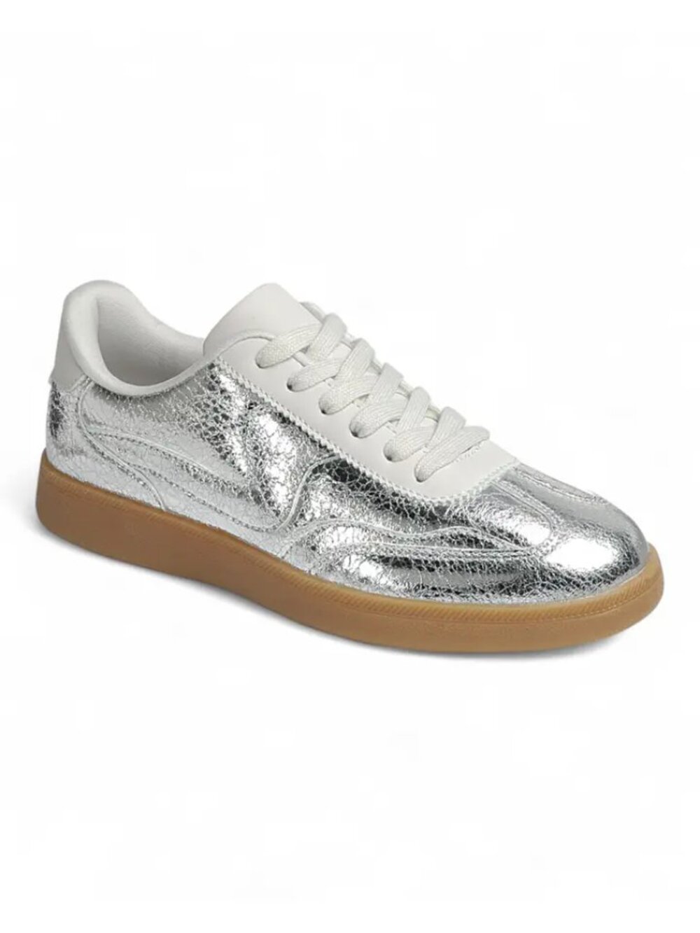 LA SHEELAH Silver Metallic Cracked Leather Low Top Sneakers